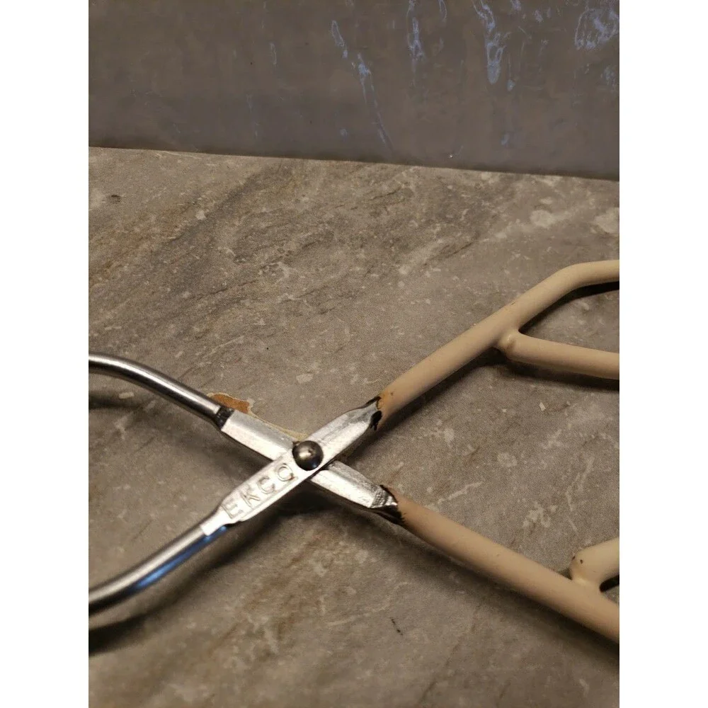 Vintage EKCO 10 Stainless Steel Kitchen Tongs Grippers, Ivory Rubber handle USA